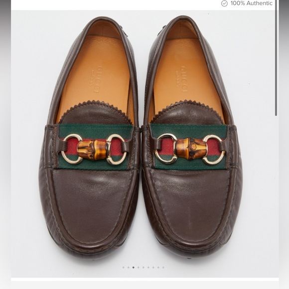 GUCCI LOAFER LETHER DARK BROWN WEB BAMBOO SLIP ON LOAFER SIZE 38 - Picture 2 of 9